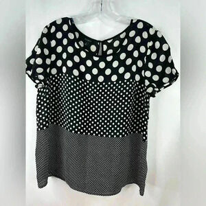 Talbots Blouse Black White Polka Dot Short Sleeve Pure Silk Keyhole Back Size 12